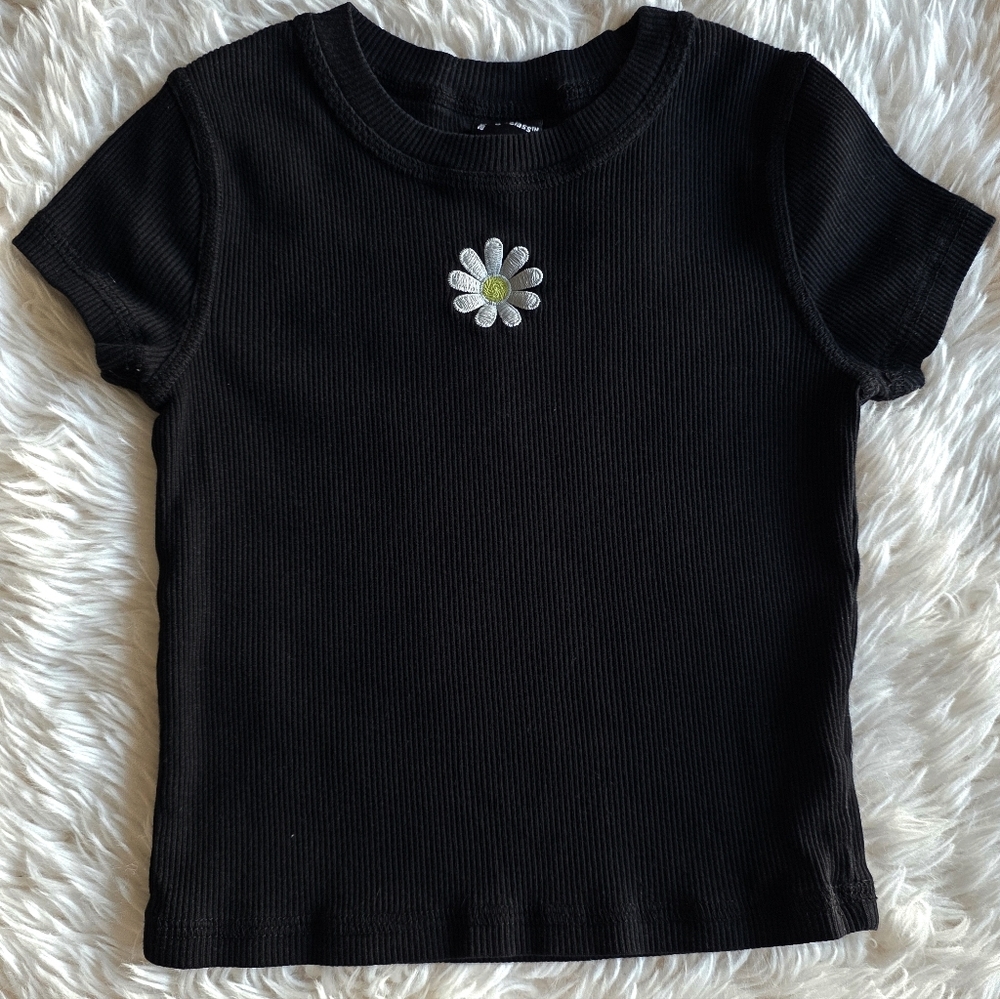 Black Kids T-Shirt with Daisy Embroidery